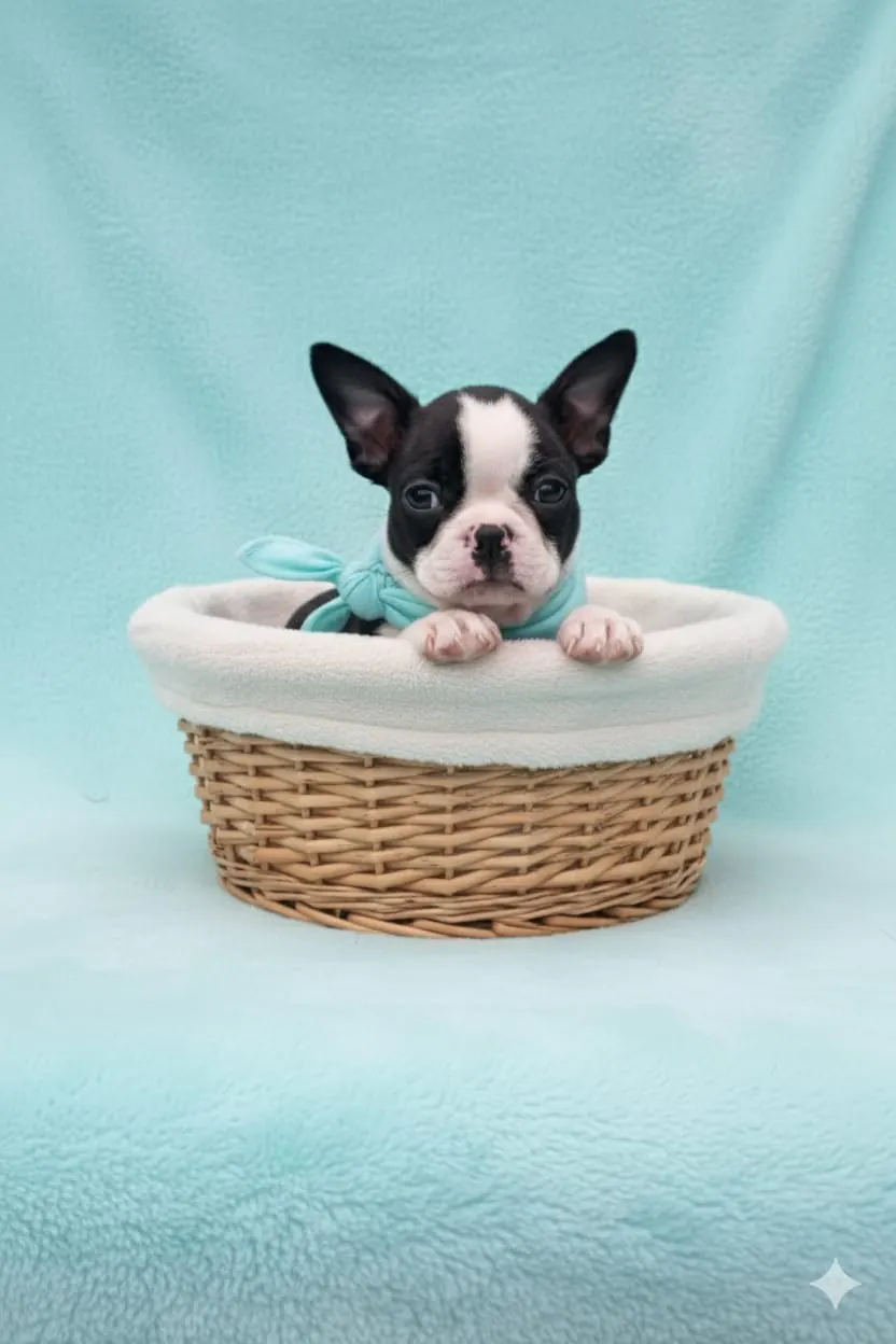 Cachorro Boston Terrier descansando en una canasta