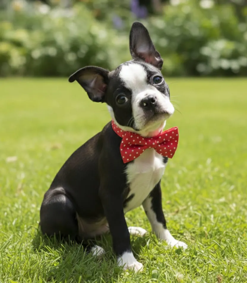 Boston Terrier con lazo rojo disfrutando del jardín