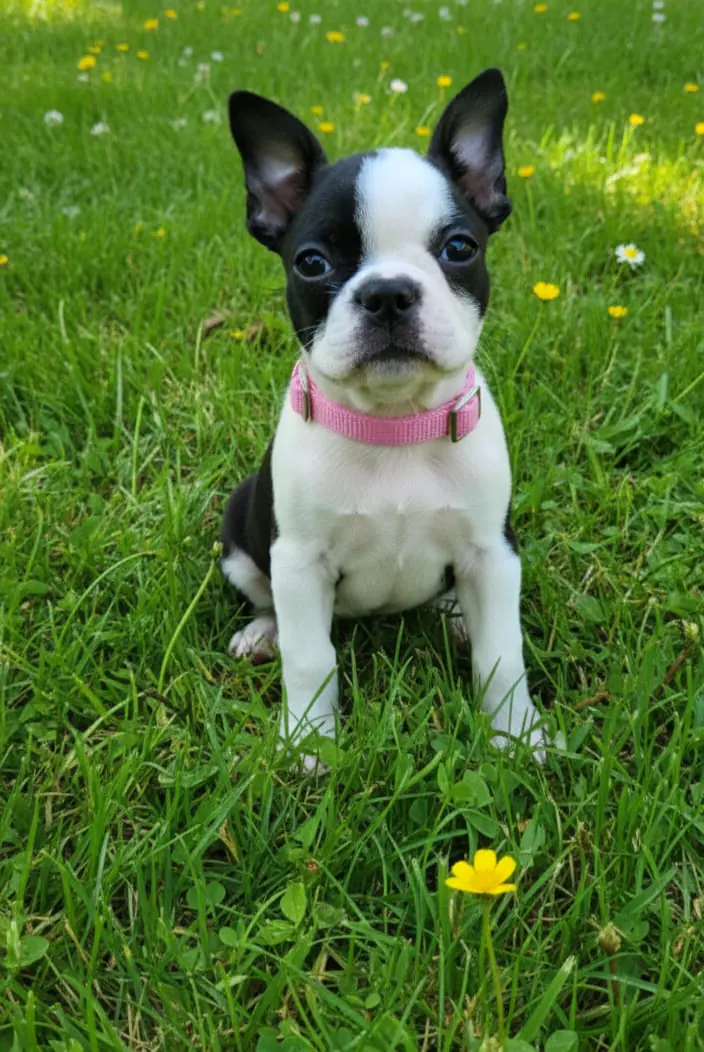 Cachorra Boston Terrier sentada en un jardín