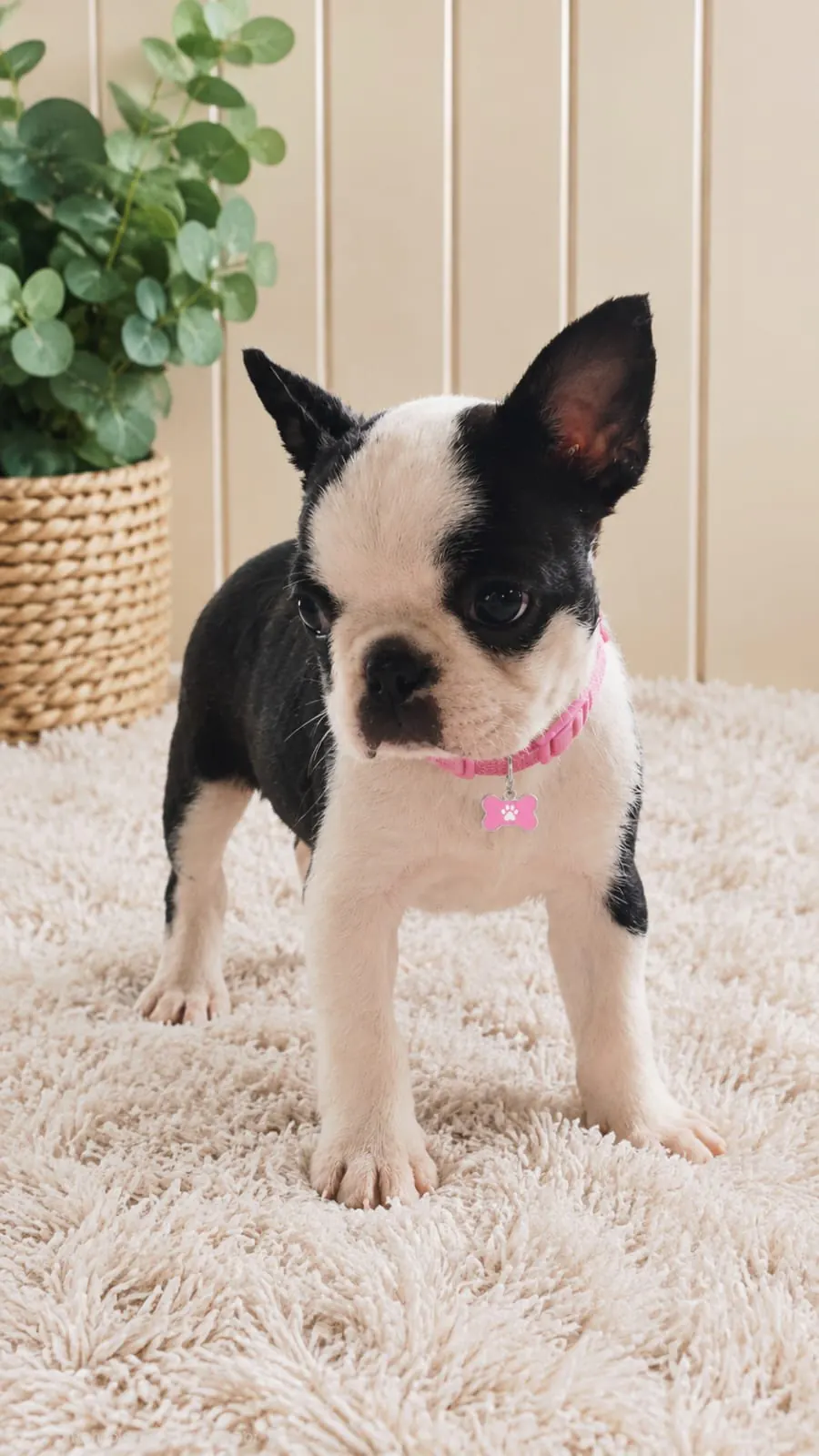 Cachorra Boston Terrier con collar rosa
