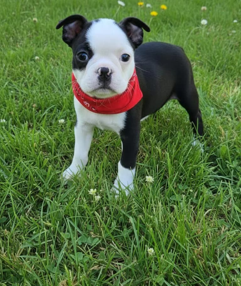 Cachorro Boston Terrier con pañuelo rojo en el césped